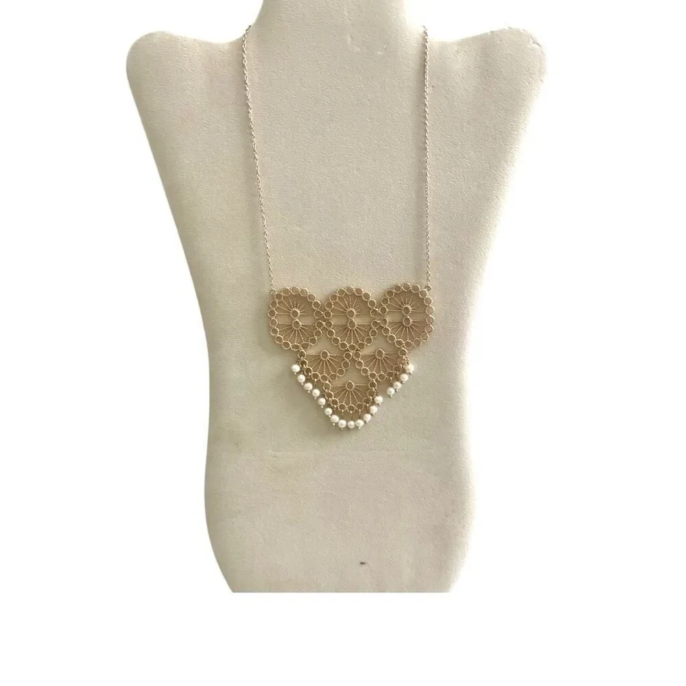 Lace Bib Necklace Floral Statement Necklace with Pearl Accents